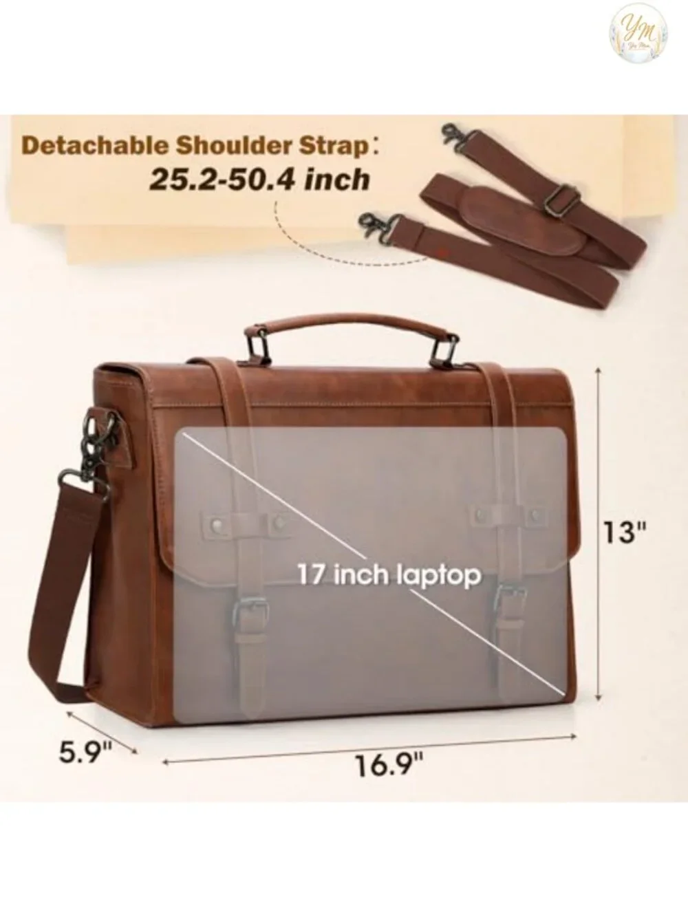 Vintage PU Leather Laptop Messenger Bag 17 Inch Waterproof Briefcase